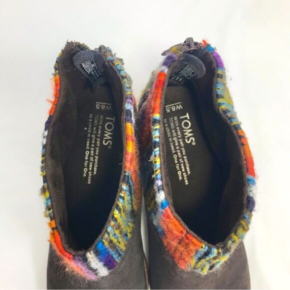 Toms LEILA Chocolate Suede Leather Colorful Textile Zip Back Heeled Ankle Boots - Picture 9 of 13